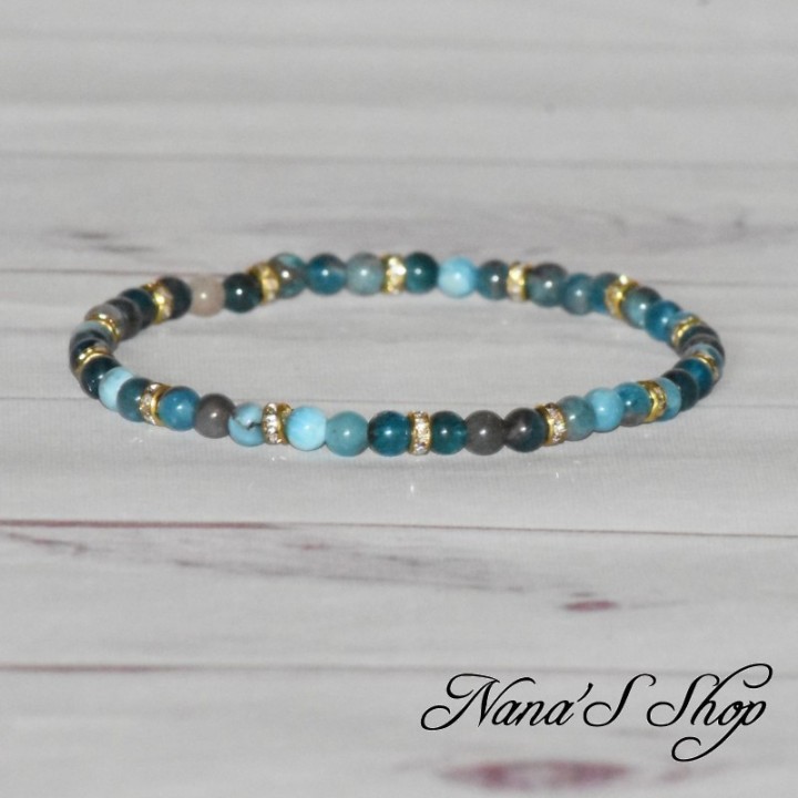 Bracelet en petite perle d'apatite, fait main, nuance de bleu.
