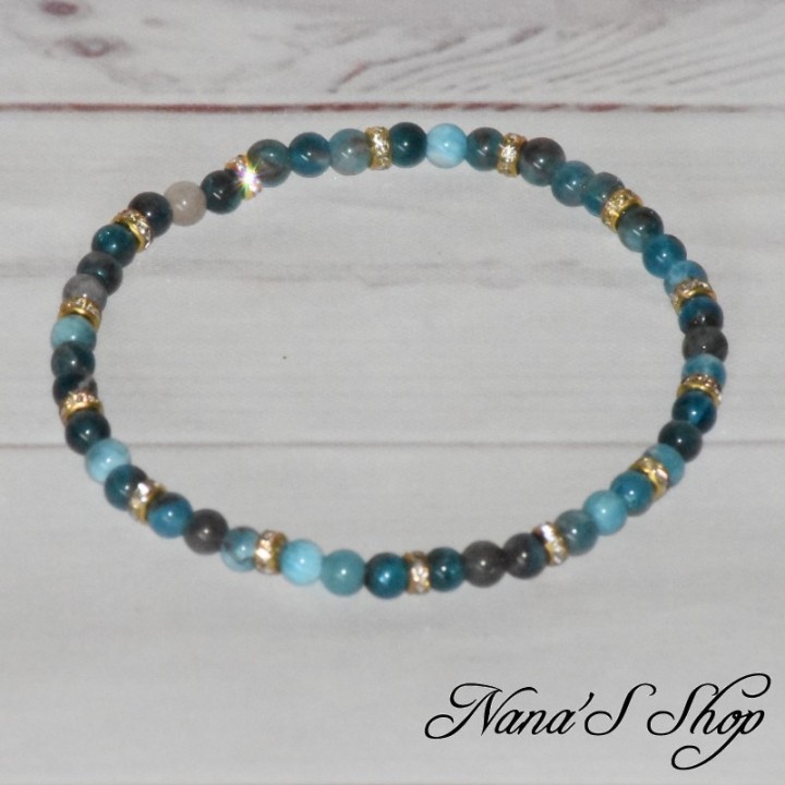 Bracelet en petite perle d'apatite, fait main, nuance de bleu.