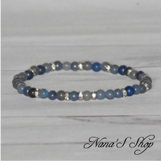 Bracelet en petite perle d'aventurine bleu, intercalaire strass argenté, fait main.