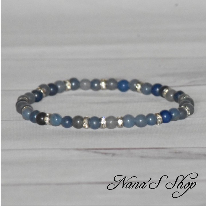 Bracelet en petite perle d'aventurine bleu, intercalaire strass argenté, fait main.