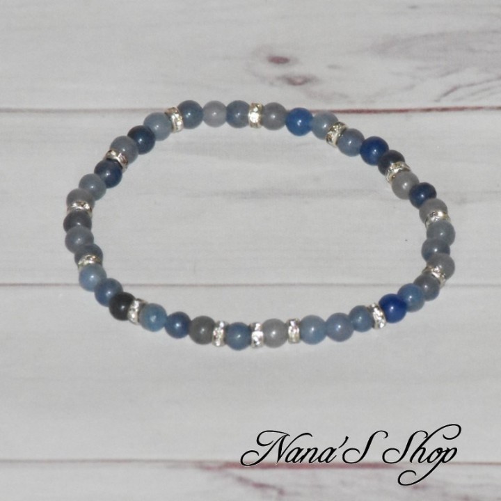 Bracelet en petite perle d'aventurine bleu, intercalaire strass argenté, fait main.
