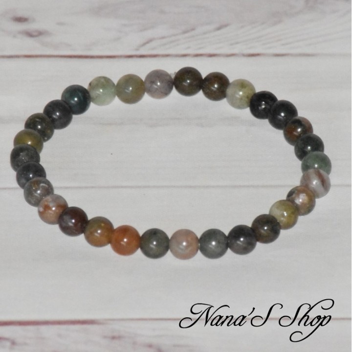 Bracelet en perle ronde d'Agate Indienne. vert et marron, fait main.