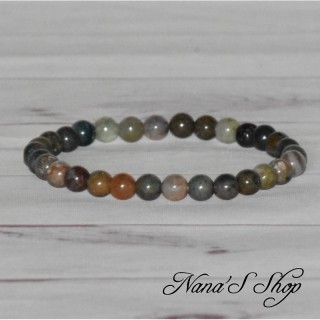 Bracelet en perle ronde d'Agate Indienne. vert et marron, fait main.