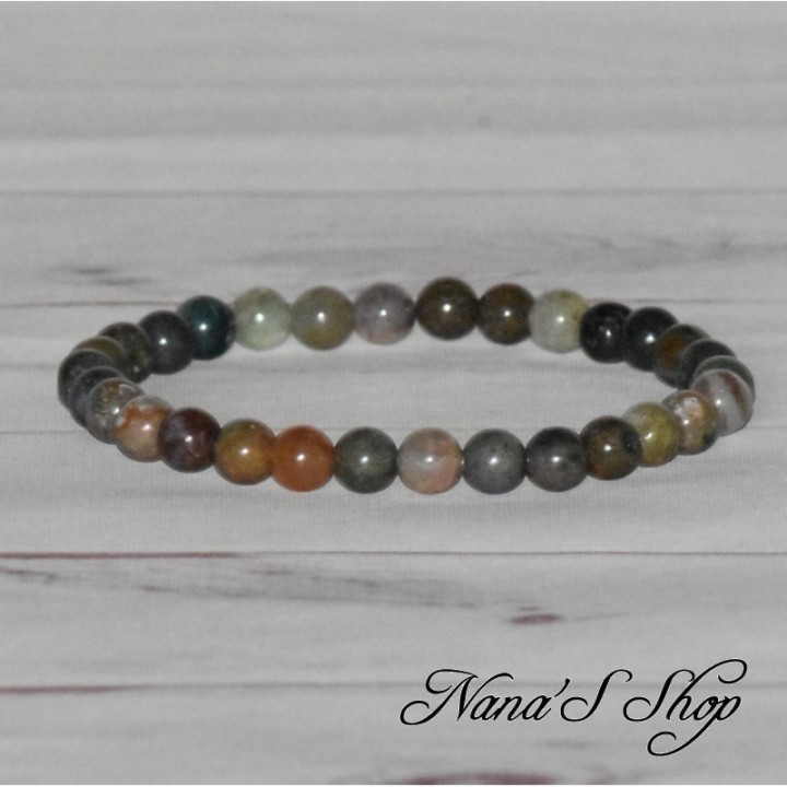 Bracelet en perle ronde d'Agate Indienne. vert et marron, fait main.