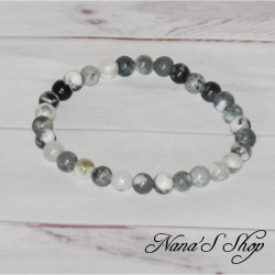 Bracelet en perle ronde d'Agate Dendritique, vert et blanc, fait main.