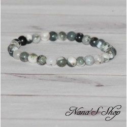 Bracelet en perle ronde d'Agate Dendritique, vert et blanc, fait main.