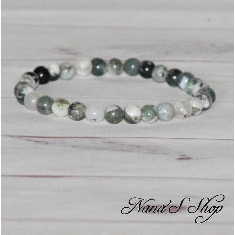 Bracelet en perle ronde d'Agate Dendritique, vert et blanc, fait main. Bracelet en perle ronde d'Agate Dendritique, vert et blanc, fait main.