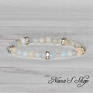 Bracelet en perle ronde d'Agate, nuances de blanc et strass argenté.