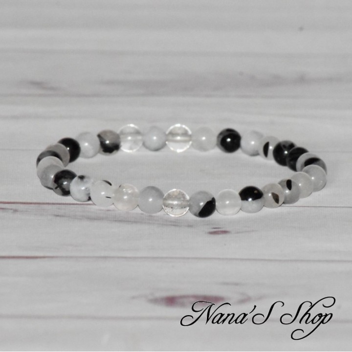 Bracelet en perle de Quartz inclusion de tourmaline noire, fait main.