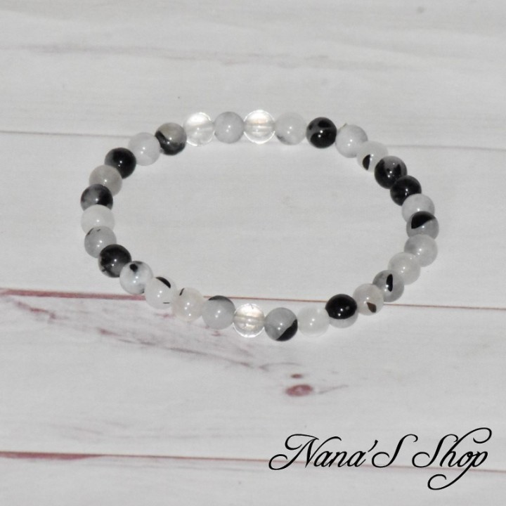 Bracelet en perle de Quartz inclusion de tourmaline noire, fait main.