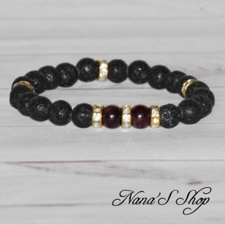 Bracelet perle de lave et grenat, strass doré, fait main.