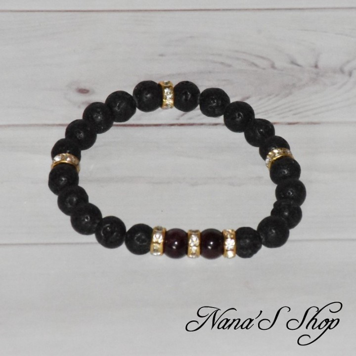 Bracelet perle de lave et grenat, strass doré, fait main.