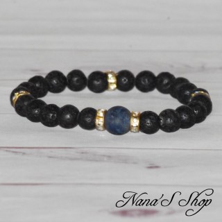 Bracelet en lave, strass et perle bleue, fait main