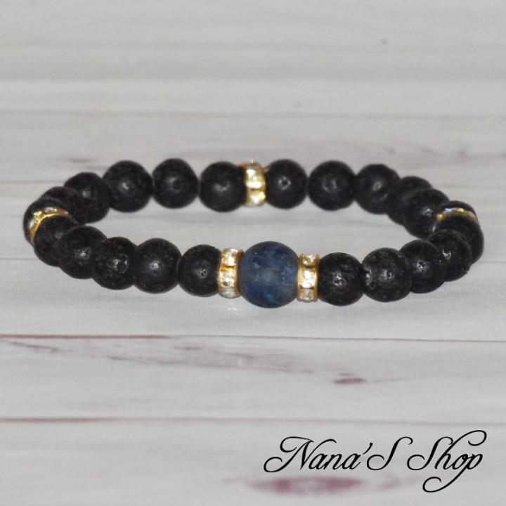 Bracelet en lave, strass et perle bleue, fait main