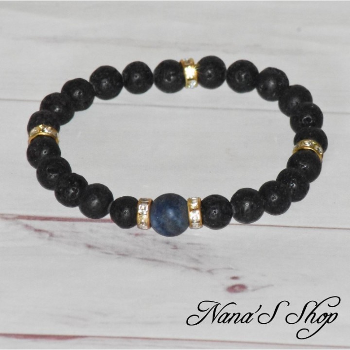 Bracelet en lave, strass et perle bleue, fait main