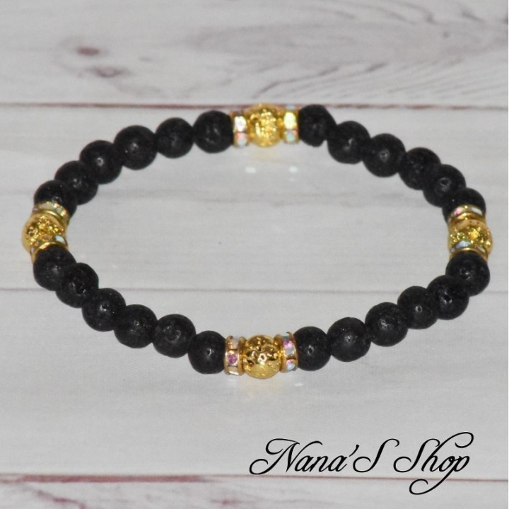 Bracelet en perle de lave noir et doré, strass, fait main