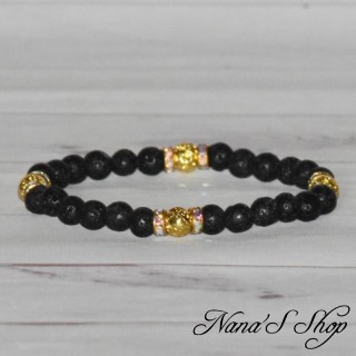 Bracelet en perle de lave noir et doré, strass, fait main
