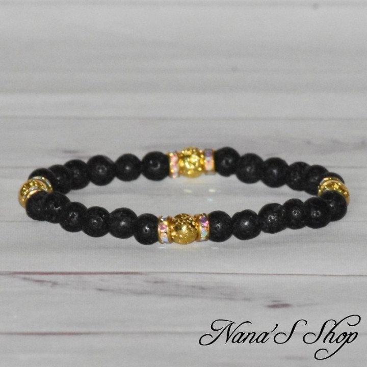 Bracelet en perle de lave noir et doré, strass, fait main