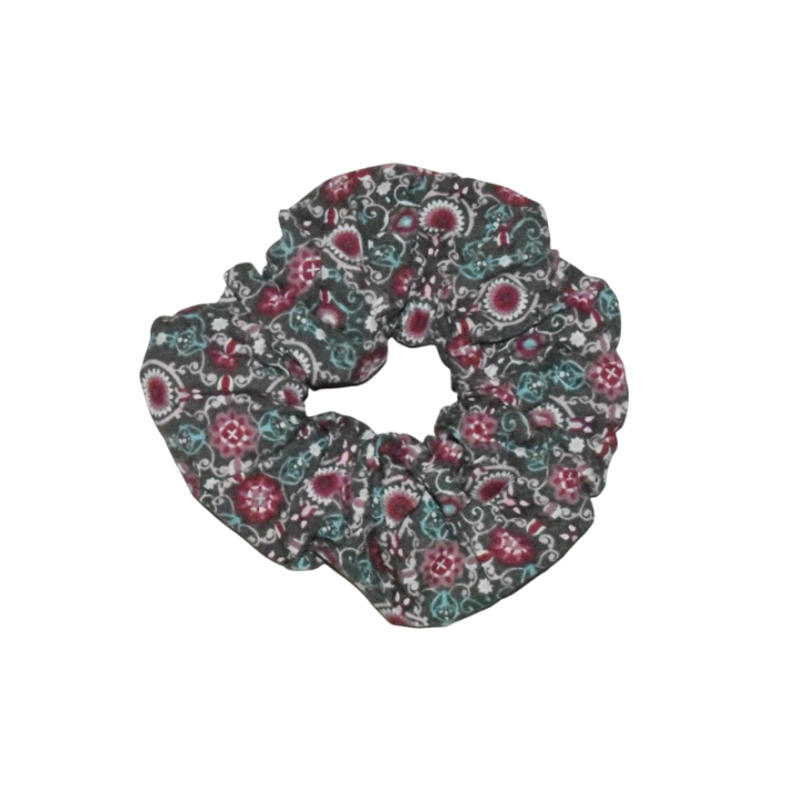 Chouchou fleuri, éco-conçu et fait main de couleur kaki, rose, blanc et turquoise.