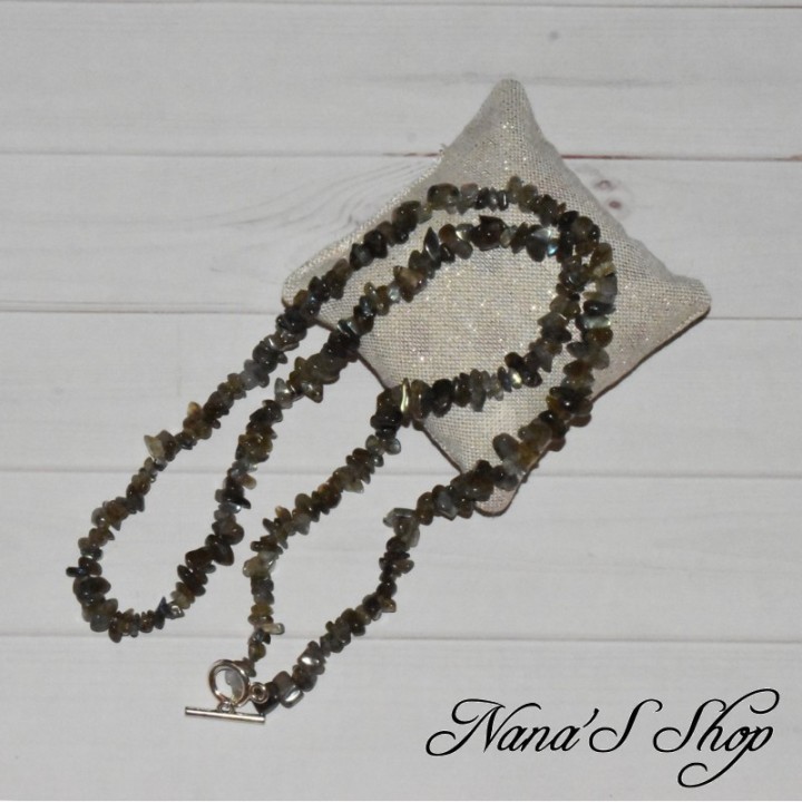 Sautoir chips de labradorite grise, fait main.