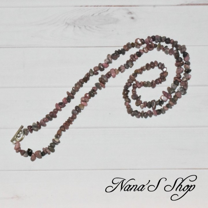 Sautoir en chips de Rhodonite, fait main.