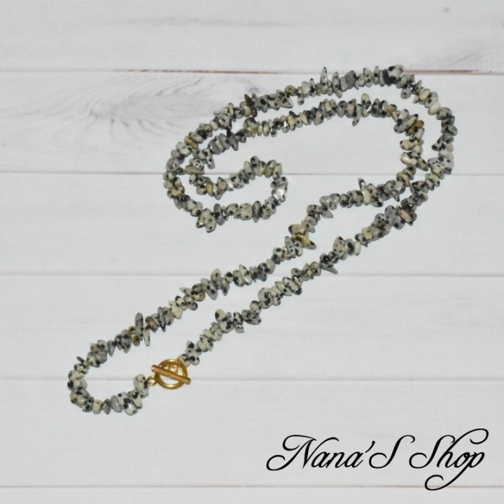 Long collier chips de Jaspe Dalmatien, fait main.