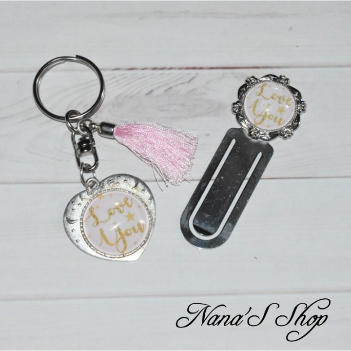 "I love you", Marque-page et porte-clés, rose, faits main.
