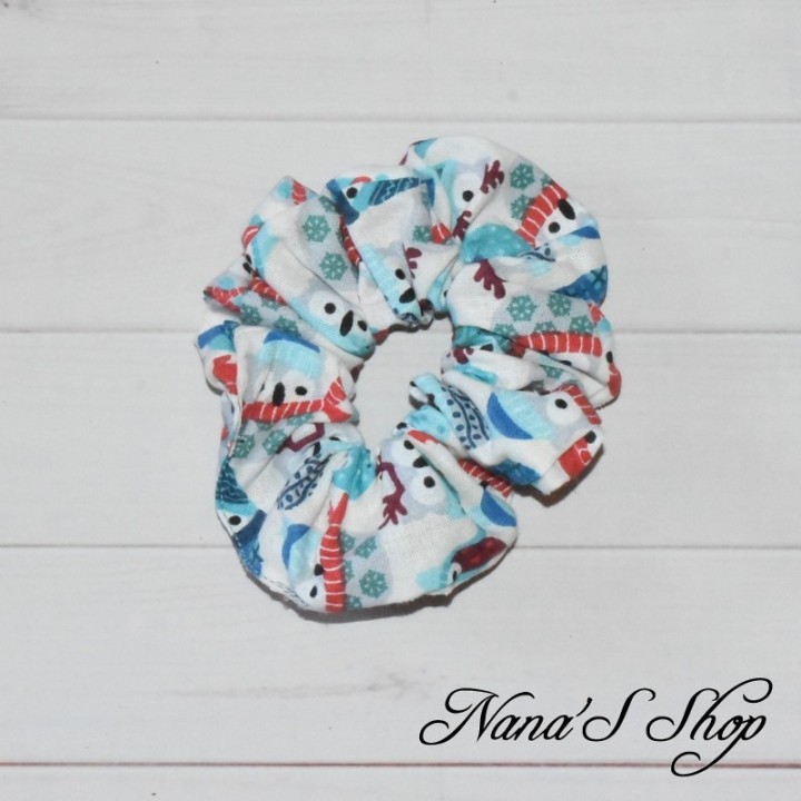 Chouchou éco-conçu, fait main, en coton, hibou motif hivernal .