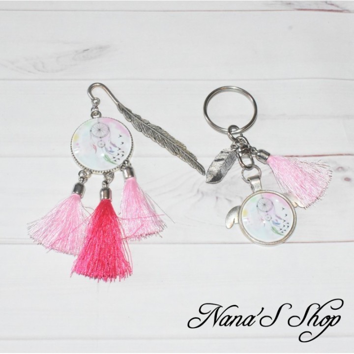 Lot attrape rêve, Marque-page et porte-clés, pompon tassel rose, faits main.