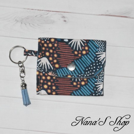 Porte-monnaie, porte-clés en Wax motif ethnique sur fond bleu, éco-conçu et fait main.
