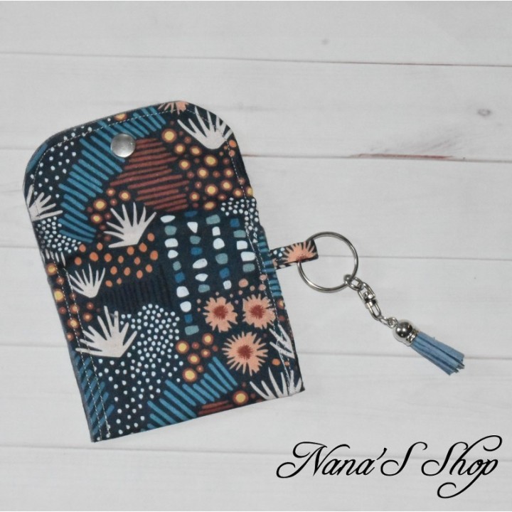 Porte-monnaie, porte-clés en Wax motif ethnique sur fond bleu, éco-conçu et fait main.