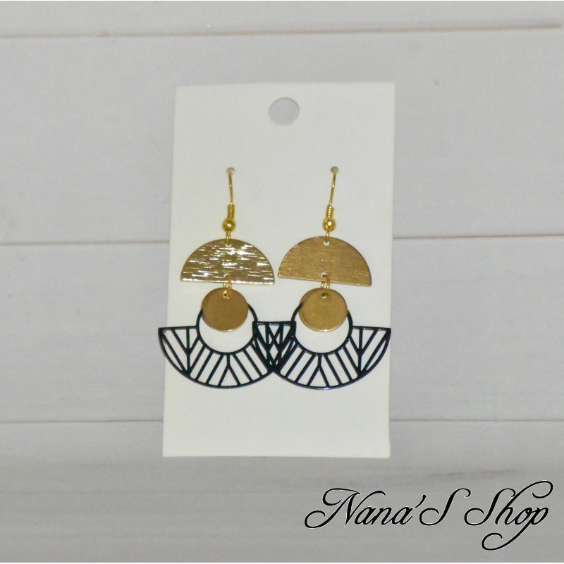 Boucles d'oreilles bohème chic, noires et dorées, symétriques, faites main, modèle 2.