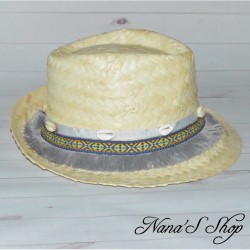 Chapeau en paille, customisé, style bohème ethnique, coloris gris.