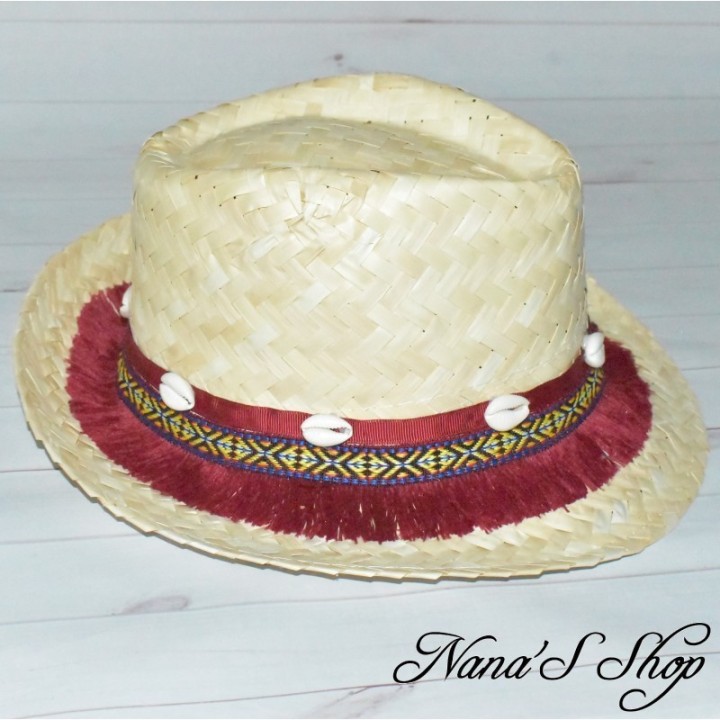 Chapeau en paille, customisé, style bohème ethnique, coloris bordeaux.