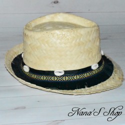 Chapeau en paille, customisé, style bohème ethnique, coloris noir.