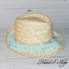 Chapeau en raphia, frange et cauris, style bohème, coloris menthe.