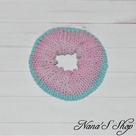 Chouchou crochet, en coton, dégradé rose et bleu.