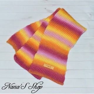 Écharpe à rayure, rouge, orange, jaune et rose, faite main.