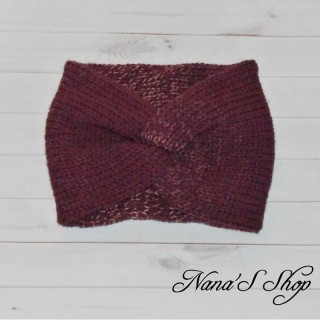 Bandeau twisté, Modèle Lucy, bordeaux et mauve, tricoté mains.