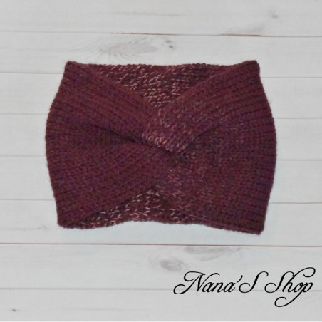 Bandeau twisté, Modèle Lucy, bordeaux et mauve, tricoté mains.