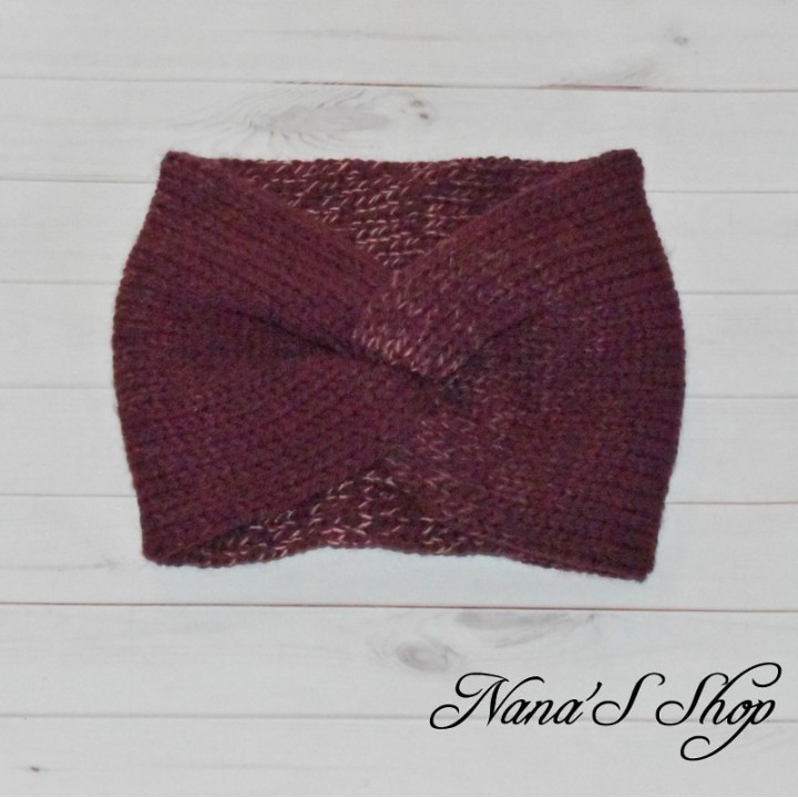 Bandeau twisté, Modèle Lucy, bordeaux et mauve, tricoté mains.