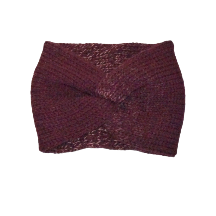 Bandeau twisté, Modèle Lucy, bordeaux et mauve, tricoté mains.