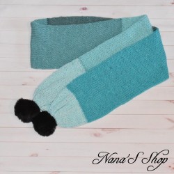 Écharpe à pompons, dégradé bleu, faite main,
