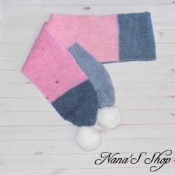 Écharpe à pompons, dégradé rose et bleu, faite main,