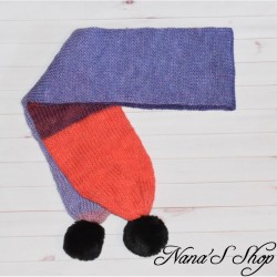 Écharpe à pompons, dégradé violet et rouge, faite main,