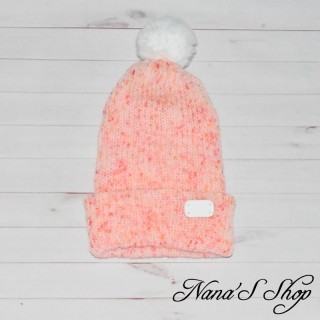Bonnet revers et Pompon, Bonbon Rose,  moucheté rose corail, fait main en France.