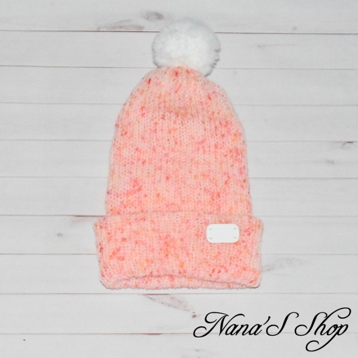 Bonnet revers et Pompon, Bonbon Rose,  moucheté rose corail, fait main en France.