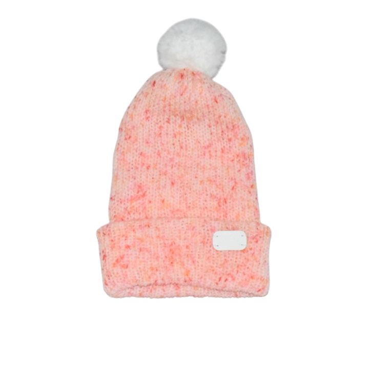 Bonnet revers et Pompon, Bonbon Rose,  moucheté rose corail, fait main en France.