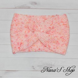 Bandeau twisté moucheté rose corail, "Bonbon Rose", fait main en France.