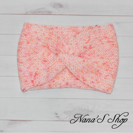 Bandeau twisté moucheté rose corail, "Bonbon Rose", fait main en France.